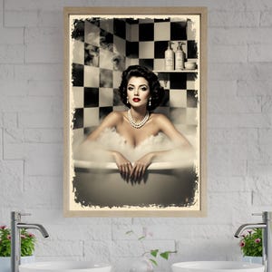 Vintage Glamour Art, Retro Bathing Beauty Print, Elegant Bathroom Decor, Pin-Up Girl Wall Art, Classic Hollywood Poster