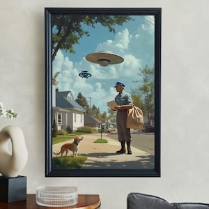 Vintage Inspired UFO Art Print, Retro Sci-Fi Wall Decor, Alien Invasion Poster, Whimsical Space Art, Outer Space Wall Hanging