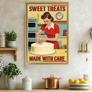 Retro Kitchen Wall Art, Sweet Treats Made With Care Print, Vintage Baking Decor, Mid Century Modern Poster, 1950s Cooking Art