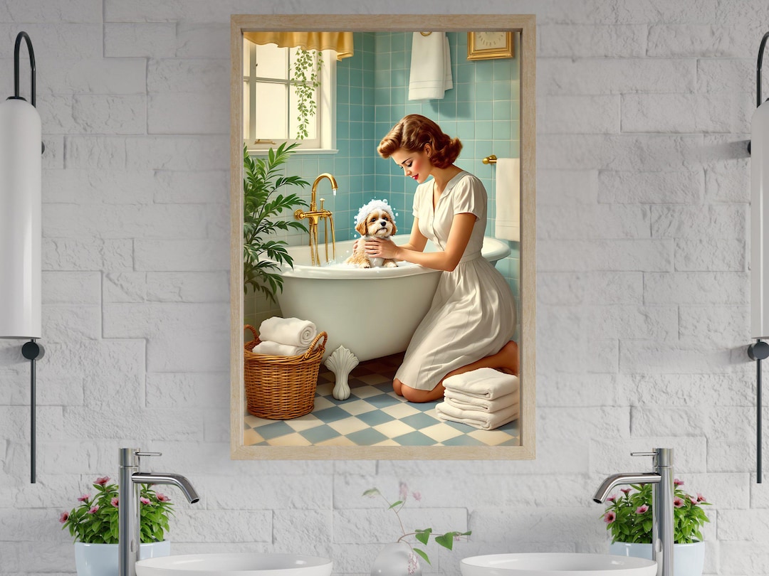 Vintage Bathroom Wall Art, Retro Woman Bathing Dog Print, 1950s Style Home Decor, Classic ...