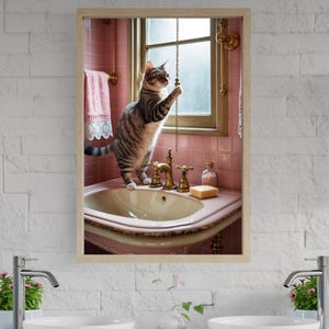 Cute Cat in Pink Bathroom Wall Art, Whimsical Cat Decor for Bathroom, Vintage Style Bathroom Cat Poster, Cat Lover Gift, Cat Art Print