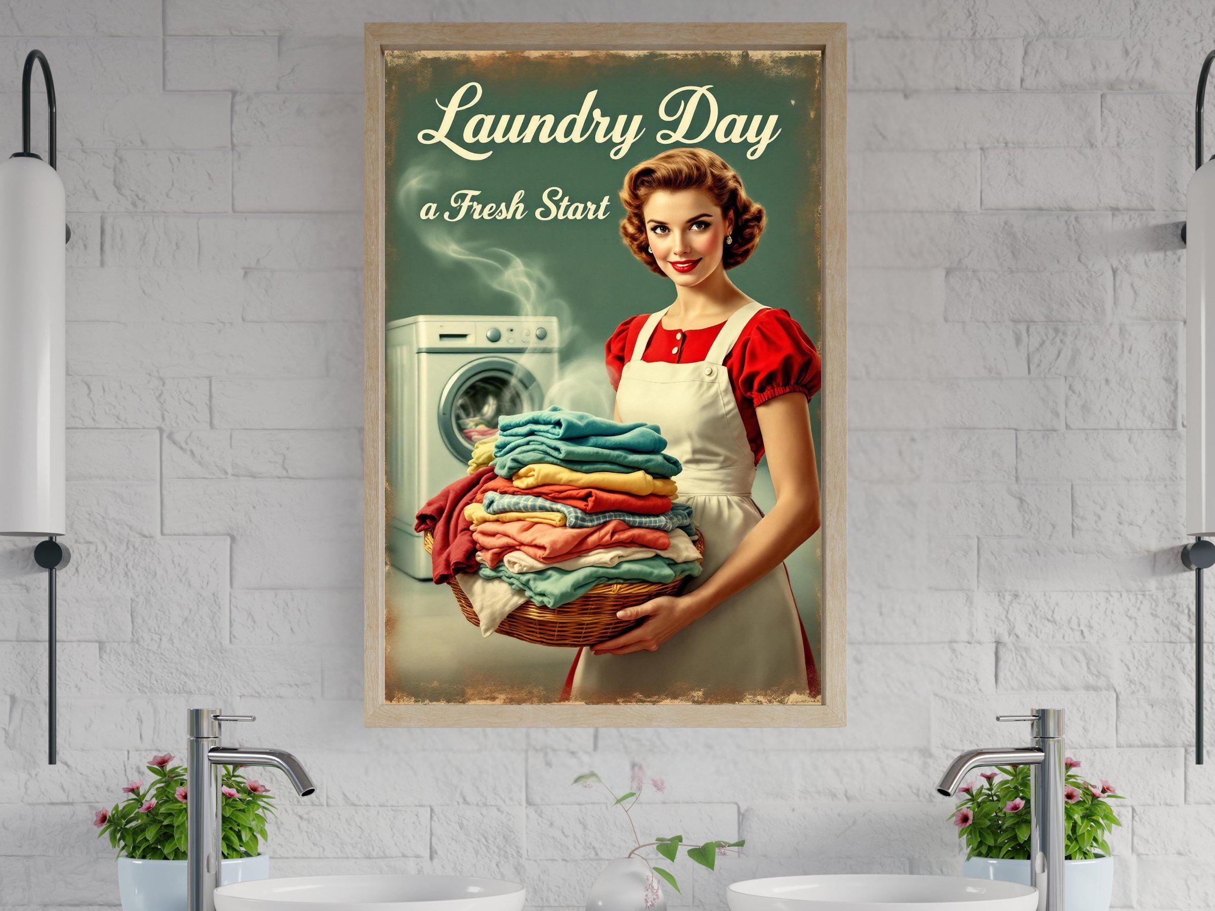 Vintage Laundry Day Wall Art, Retro Woman Washing Machine Print, Fresh ...