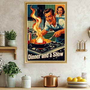 Retro Küche Wandbild, Lustiges Kulinarisches Poster, Vintage Kochen Dekor, Mid-Century Kunstwerk für Zuhause, Humorvolle Koch Illustration
