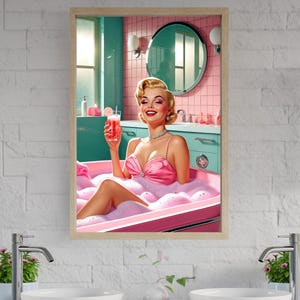 Vintage Glamour Wall Art, Retro Pin-Up Girl Poster, Classic Hollywood Decor, Elegant Bathroom Art, Mid-Century Modern Print