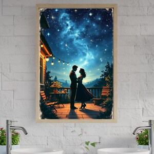 Romantic Starry Night Balcony, Couple Silhouette Wall Art, Night Sky Lights, Outdoor Terrace Decor, Lovers Celestial Scene Print