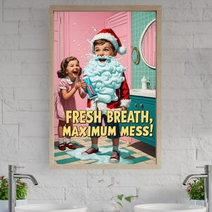 Vintage Wandkunst, Retro-Badezimmerdekor, lustiges Zahnpasta-Poster, lustiger Weihnachtsmann-Druck, Kinder-Badezimmerkunst, humorvolle Wanddekoration