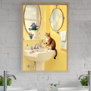 Lindo gato en el baño, arte de pared, decoración de baño caprichosa, impresión de gato, arte de pared de animales divertidos, regalo para amantes de los gatos, póster de baño peculiar