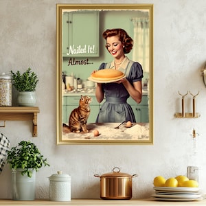 Retro Cat and Baker Wall Art Nailed It Almost Print Vintage Style Kitchen Decor Funny Baking Art Whimsical Cat Lover Gift