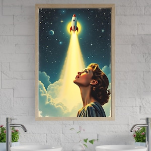 Rakete Start Poster, Retro Weltraum Poster, Rakete Druck für Kinderzimmer, Mid Century Modern Kunstwerk für Wohnkultur