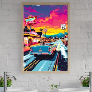 Vintage Route 66 Wall Art, Retro Sunset Drive Print, Classic Car Poster, Nostalgic American Diner Decor, Colorful Road Trip Artwork