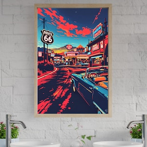 Retro Route 66 Wall Art Poster, Vintage American Diners Art Print, Old Car Themed Wall Decor, Colorful Retro Sign Art, Road Trip Poster