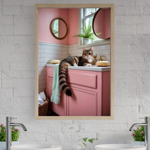 Arte de pared con lindo gato, impresión de gato para baño, regalo para amantes de los gatos, decoración de baño rosa, póster de gato, decoración felina, arte animal lindo