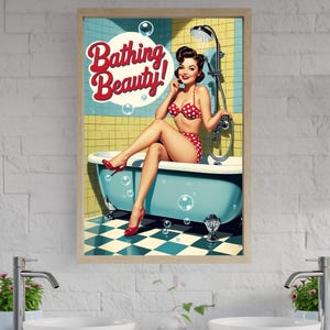 Vintage Pin-Up Girl Wall Art, Retro Bathroom Decor Print, Bathing Beauty Poster, Classic 1950s Style Artwork for Home Decor