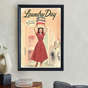 Vintage Laundry Day Wall Art, Retro Balancing Act Poster, Mid-Century Laundry Room Decor, Classic Housewife Artwork, Laundry Wall Art