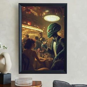 Vintage Alien in Tuxedo, Sci Fi Bar Scene, Alien Artwork, Retro Space Art, Futuristic Wall Art, Unique Home Decor, Surreal Artwork