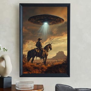 Cowboy and UFO Encounter Wall Art, Surreal Western Landscape, Sci-Fi Alien Spaceship Artwork, Unique Rustic Home Decor Print