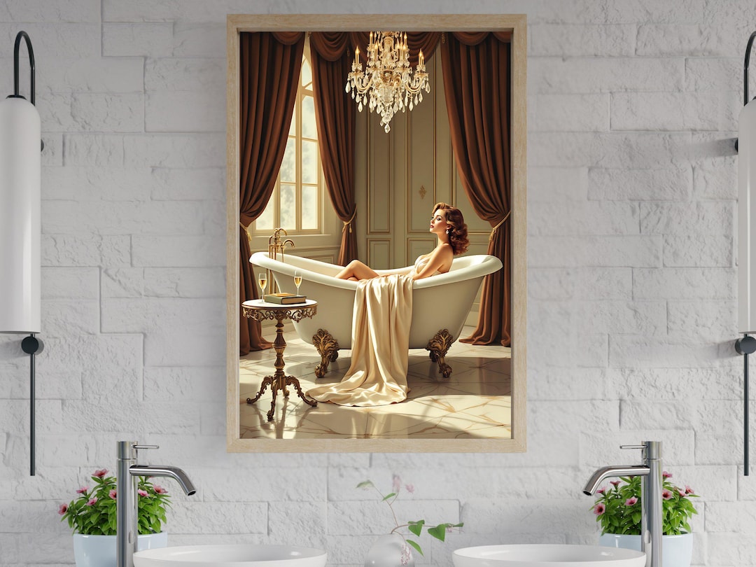 Luxurious Vintage Bathroom Wall Art, Elegant Woman in Bathtub, Classic Interior Decor, Glamorous ...