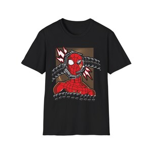 May include: Black t-shirt with a graphic of Spider-Man being restrained by Doc Ock's tentacles. The graphic is in a comic book style with red, black, and white colors.