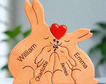 Personalised Wooden Rabbit Family Puzzle, Rabbit Family Gift, Rabbit Home Decor Gift, Rabbit Name Puzzle 2-8 Figurines, Family Sculpture