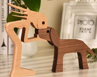 Personalized Woman and Dog Wood Sculpture: Handcrafted Pet Loss Gift