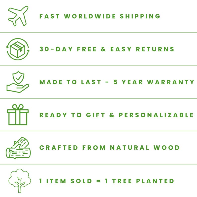 Puede incluir: Iconos gr&aacute;ficos verdes con texto que describe los beneficios de comprar un producto. Los iconos incluyen un avi&oacute;n, un paquete con una flecha, una mano con una marca de verificaci&oacute;n, una caja de regalo, un tronco de &aacute;rbol y un &aacute;rbol. El texto incluye "Env&iacute;o r&aacute;pido a todo el mundo", "Devoluciones gratis y f&aacute;ciles en 30 d&iacute;as", "Hecho para durar - Garant&iacute;a de 5 a&ntilde;os", "Listo para regalar y personalizable", "Elaborado con madera natural", y "1 art&iacute;culo vendido = 1 &aacute;rbol plantado".