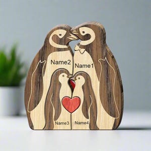 Penguin Family Puzzle Home Decor, Penguin 30 Year Anniversary Gift for Parents, Cute Penguin Family Pebble, Custom Family Name Woodwork