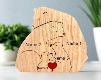 Personalized Hugging Bear Family Puzzle with 2-10 Carved Bears, Custom Mother's Day Gift, Father's Day Gift, Animal Family Puzzle Home Decor