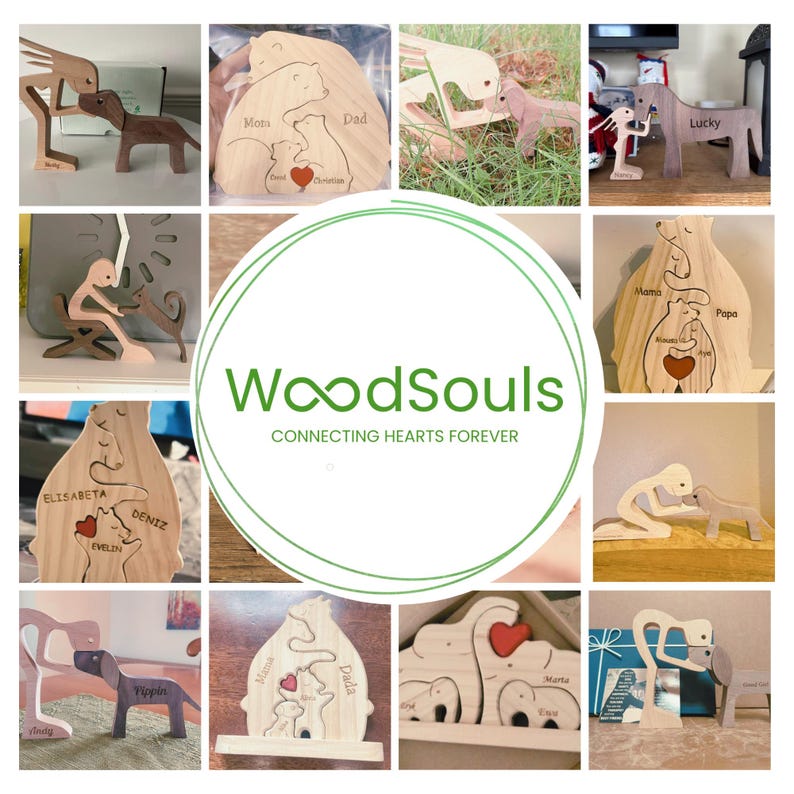 Puede incluir: Un collage de figuras de animales de madera con nombres personalizados y corazones. Las figuras est&aacute;n dispuestas en una cuadr&iacute;cula con un logotipo en el centro que dice "WoodSouls Connecting Hearts Forever".
