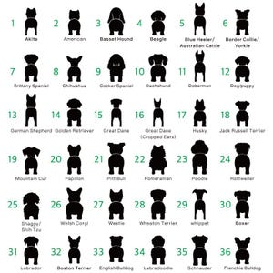 Puede incluir: Ilustraciones en silueta en blanco y negro de 36 razas de perros diferentes, dispuestas en una cuadr&iacute;cula de seis filas y seis columnas. Cada raza de perro est&aacute; etiquetada con su nombre debajo de la silueta.