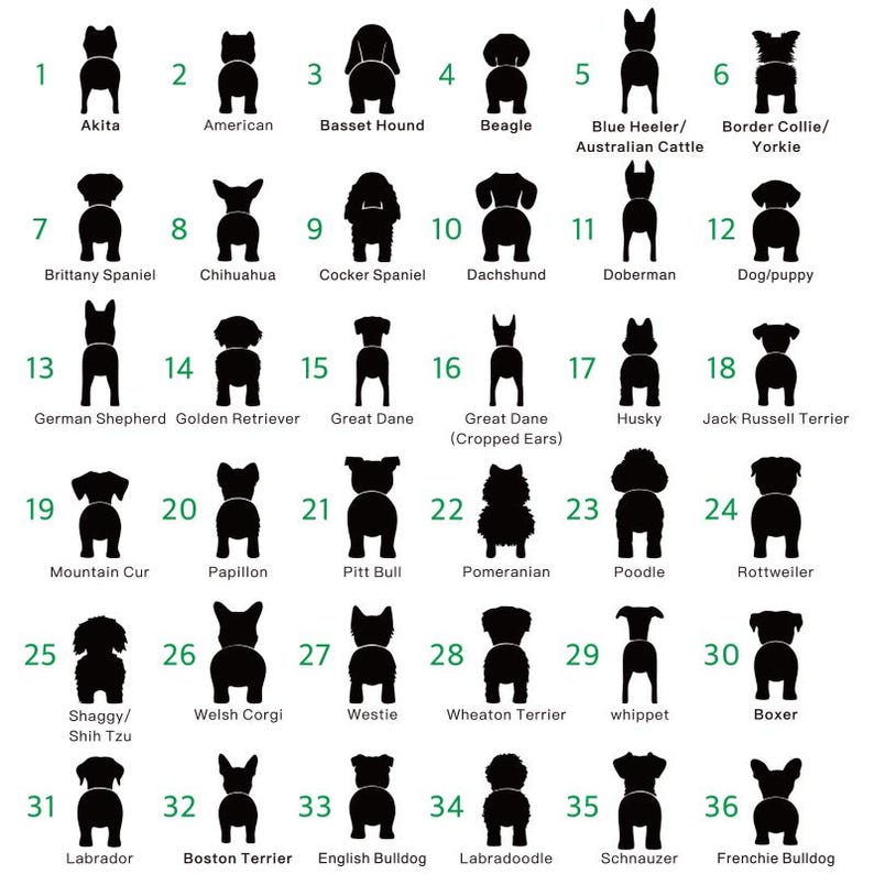 Puede incluir: Ilustraciones en silueta en blanco y negro de 36 razas de perros diferentes, dispuestas en una cuadr&iacute;cula de seis filas y seis columnas. Cada raza de perro est&aacute; etiquetada con su nombre debajo de la silueta.
