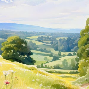 Può includere: Dipinto ad acquerello di un paesaggio verdeggiante con dolci colline e cielo blu nuvoloso. Il primo piano presenta erba gialla e fiori selvatici, con un sentiero che conduce in lontananza. Gli alberi punteggiano le colline.