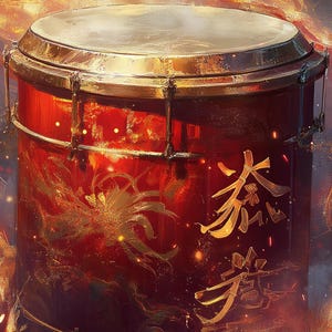Op de afbeelding: Een felrode trommel met gouden accenten en een lichtgekleurd drumvel. De trommel heeft gouden Chinese karakters en een decoratief bloemmotief. De achtergrond heeft een vurige, gouden gloed.