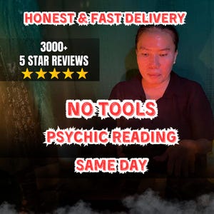 May include: Image featuring a person with text overlay. The text includes "HONEST & FAST DELIVERY", "3000+ 5 STAR REVIEWS", "NO TOOLS", "PSYCHIC READING", and "SAME DAY". The background is dark with a blurred effect.
