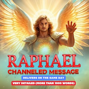 May include: A digital illustration of the angel Raphael with golden wings and a glowing heart. The text "RAPHAEL CHANNELED MESSAGE DELIVERS ON THE SAME DAY VERY DETAILED (MORE THAN 1000 WORDS)" is below the image.