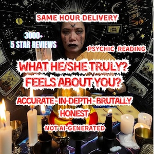 May include: An image featuring a person with dark makeup and a crescent moon symbol on their forehead. Text includes "Psychic Reading," "What He/She Truly Feels About You?" and "Accurate - In-Depth - Brutally Honest." Lit candles and a golden bowl are also visible.