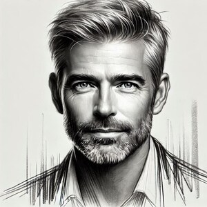 May include: A black and white pencil drawing of a man with short, tousled hair and a beard. He is looking directly at the viewer with a serious expression. The drawing is done in a realistic style and captures the man's features in detail.