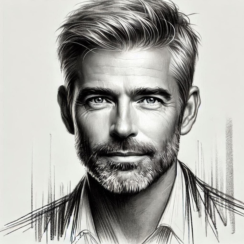 May include: A black and white pencil drawing of a man with short, tousled hair and a beard. He is looking directly at the viewer with a serious expression. The drawing is done in a realistic style and captures the man's features in detail.