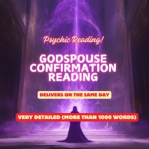 Op de afbeelding: Een digitale kunstafbeelding in paarse en roze tinten, met een persoon die in een deuropening staat met een gloeiend paars licht erachter. De tekst "Psychic Reading! Godspouse Confirmation Reading" is geschreven in rode en gele letters. De tekst "Delivers on the same day" is geschreven in rode letters. De tekst "Very Detailed (More Than 1000 Words)" is geschreven in rode letters.