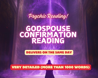 May include: A purple and pink digital art image of a person standing in a doorway with a glowing purple light behind them. The text "Psychic Reading! Godspouse Confirmation Reading" is written in red and yellow letters. The text "Delivers on the same day" is written in red letters. The text "Very Detailed (More Than 1000 Words)" is written in red letters.