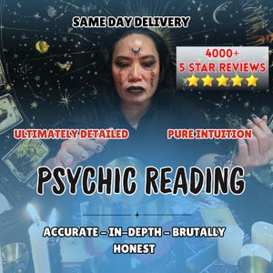 Pode incluir: Uma pessoa com um símbolo de lua crescente na testa e maquilhagem escura, posicionada atrás de uma bola de cristal. A imagem inclui texto, incluindo PSYCHIC READING, 4000+ 5 STAR REVIEWS, SAME DAY DELIVERY, ULTIMATELY DETAILED, PURE INTUITION e ACCURATE-IN-DEPTH-BRUTALLY HONEST.