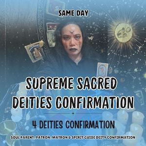 Pode incluir: Uma pessoa com cabelo escuro e marcas faciais segura uma carta de tarot em frente a um fundo preto com gráficos celestiais. O texto diz: SAME DAY, SUPREME SACRED DEITIES CONFIRMATION, 4 DEITIES CONFIRMATION, SOUL PARENT, PATRON, MATRON & SPIRIT GUIDE.