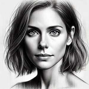 May include: Black and white pencil drawing of a woman with short hair. The woman is looking directly at the viewer with a neutral expression. The drawing is done in a realistic style.