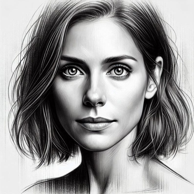 May include: Black and white pencil drawing of a woman with short hair. The woman is looking directly at the viewer with a neutral expression. The drawing is done in a realistic style.