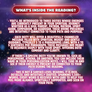 Op de afbeelding: Een digitale afbeelding met een paarse kosmische achtergrond en witte tekst: WHAT'S INSIDE THE READING? De tekst beschrijft een spirituele dienst met drie godheden, gechannelde berichten, personalisatieopties en meer dan 1500 woorden.