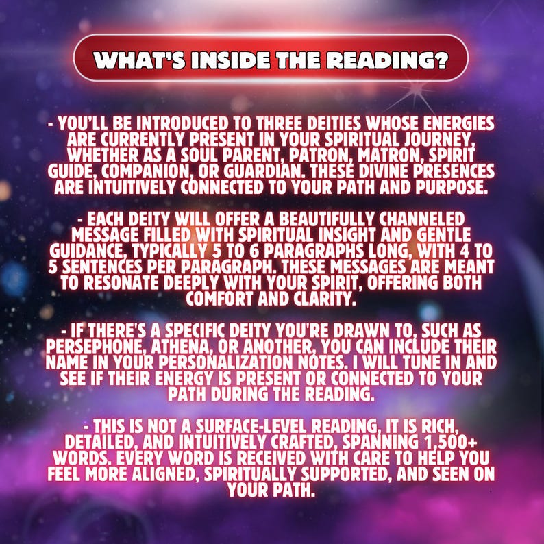Op de afbeelding: Een digitale afbeelding met een paarse kosmische achtergrond en witte tekst: WHAT'S INSIDE THE READING? De tekst beschrijft een spirituele dienst met drie godheden, gechannelde berichten, personalisatieopties en meer dan 1500 woorden.