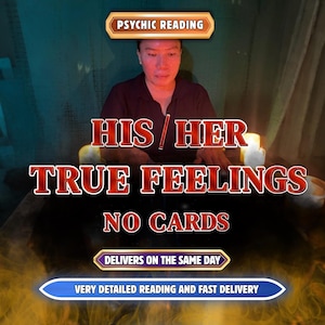 Könnte beinhalten: Werbung für Wahrsagerei-Dienste. Der Text beinhaltet "PSYCHIC READING", "HIS/HER TRUE FEELINGS" und "NO CARDS". Zusätzlicher Text lautet "DELIVERS ON THE SAME DAY" und "VERY DETAILED READING AND FAST DELIVERY". Das Bild hat eine dunkle, mystische Ästhetik.