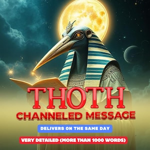 Puede incluir: Una ilustración digital del dios egipcio Thot, representado como un hombre con cabeza de ibis, sosteniendo un libro. El texto dice "THOTH CHANNELED MESSAGE DELIVERS ON THE SAME DAY VERY DETAILED (MORE THAN 1000 WORDS)".