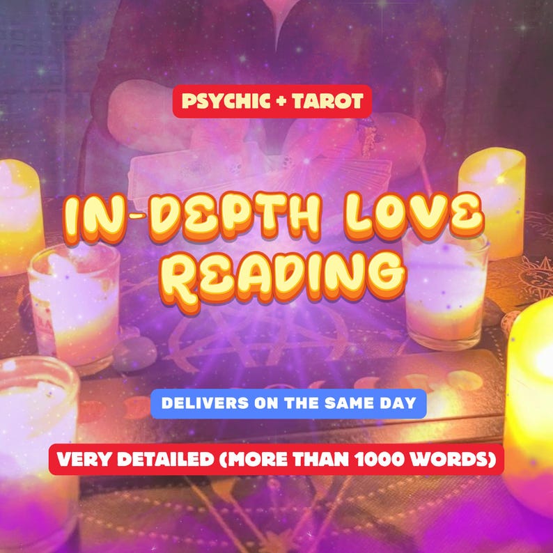 May include: A tarot card reading service with the text "PSYCHIC + TAROT IN-DEPTH LOVE READING DELIVERS ON THE SAME DAY VERY DETAILED (MORE THAN 1000 WORDS)" on a purple background with candles.