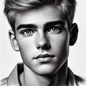 May include: Black and white pencil drawing of a man's face. The man has short, styled hair and is looking directly at the viewer. The drawing is highly detailed and realistic.