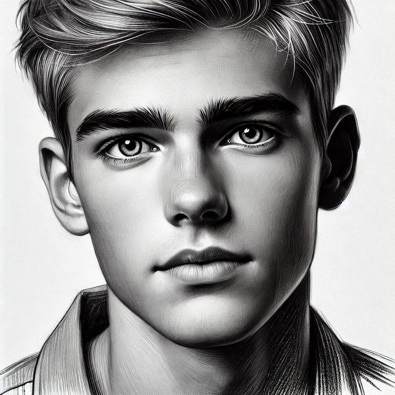 May include: Black and white pencil drawing of a man's face. The man has short, styled hair and is looking directly at the viewer. The drawing is highly detailed and realistic.